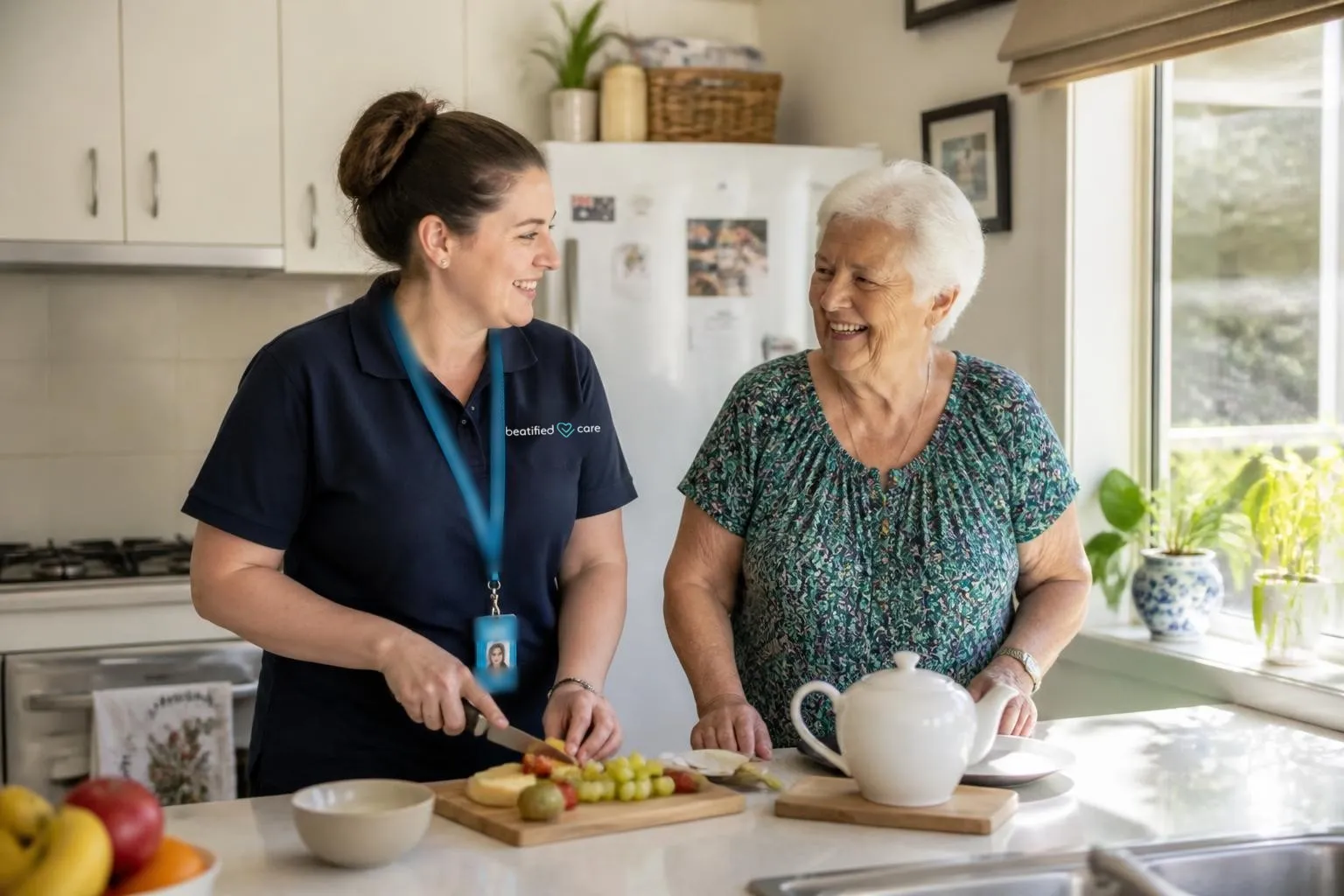 Support worker helping an older woman prepare breakfast at home