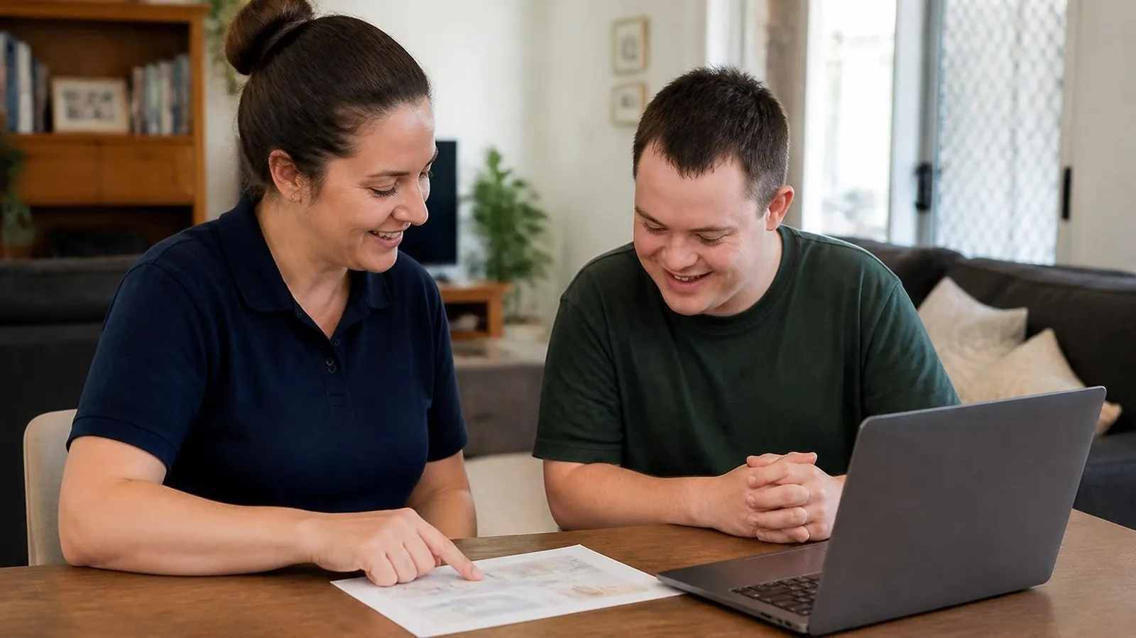 Support worker and a young man going over a home program together at the table